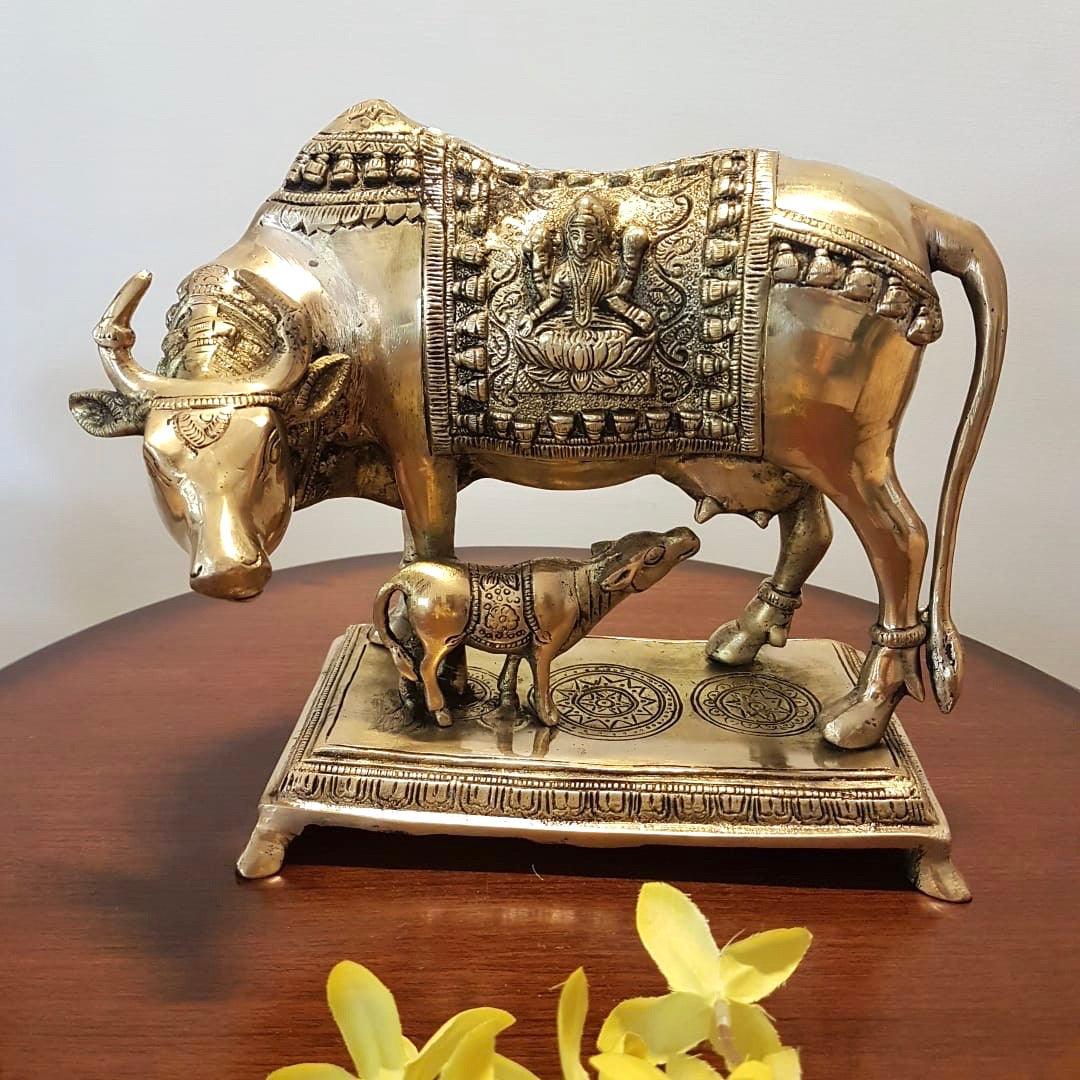 Gomata Brass Statue - Cow and Calf Kamdhenu Idol - 4 inches