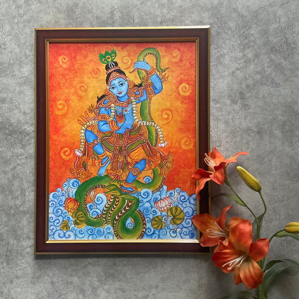 Lord Krishna Dancing On Snake Kerala Mural - Handpainted Wall Decor - Crafts N Chisel - Indian Home Decor USA