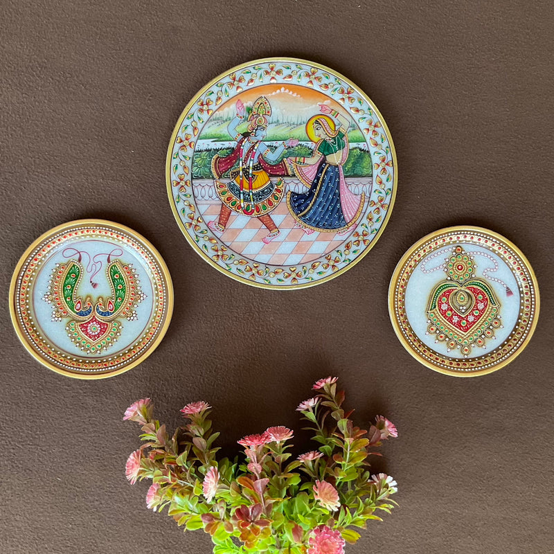 Radha krishna And Meenakari Jewelry Painting (Set of 3) - Wall Hanging - Decorative Round Marble Plate - Crafts N Chisel - Indian Home Decor USA