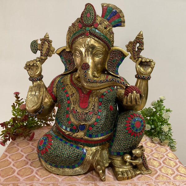 Big Ganesha Statue of Home Entrance Decor Idol - Brass Stonework Murti - Crafts N Chisel - Indian Home Decor USA