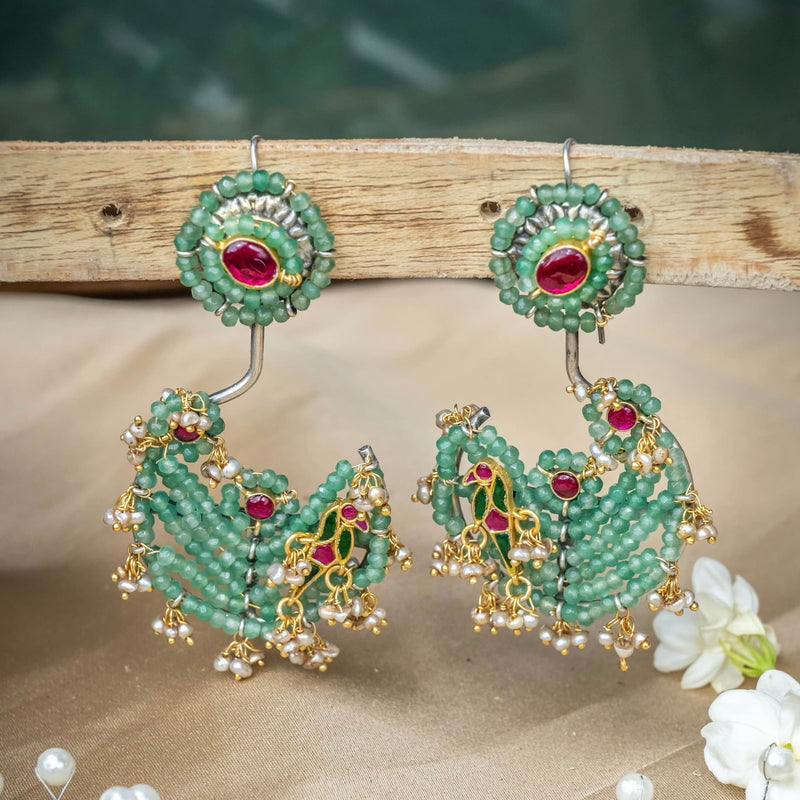 Enchanted Greens Pearl Parrot Motif Earrings - Crafts N Chisel - Indian Home Decor USA
