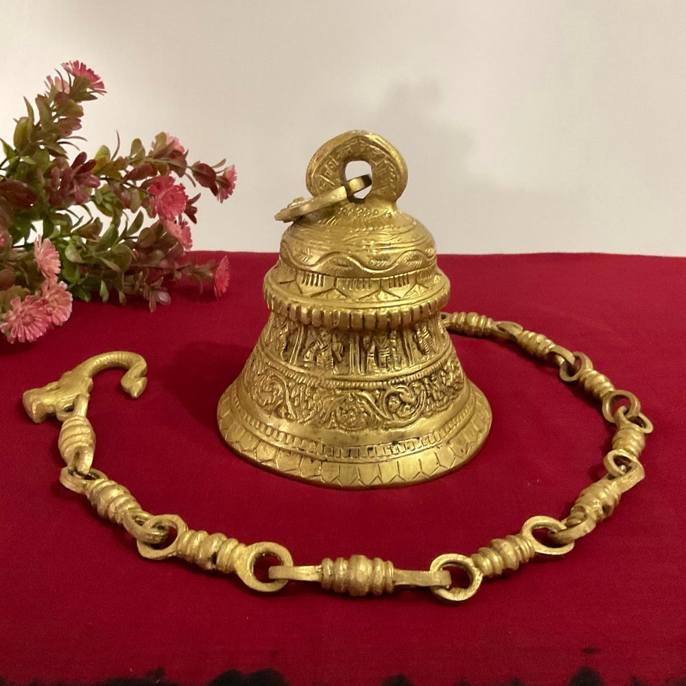 Brass Krishna bell with chain, brass murlidhar bell for temple, Home Decor outlets Gift, Indian Brass Art, Brass temple bell, Brass vasudeva bell