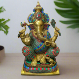 15 Inch Brass Ganesh Idol With Stonework - Ganpati Statue for Home, Housewarming Gift - Crafts N Chisel - Indian Home Decor USA