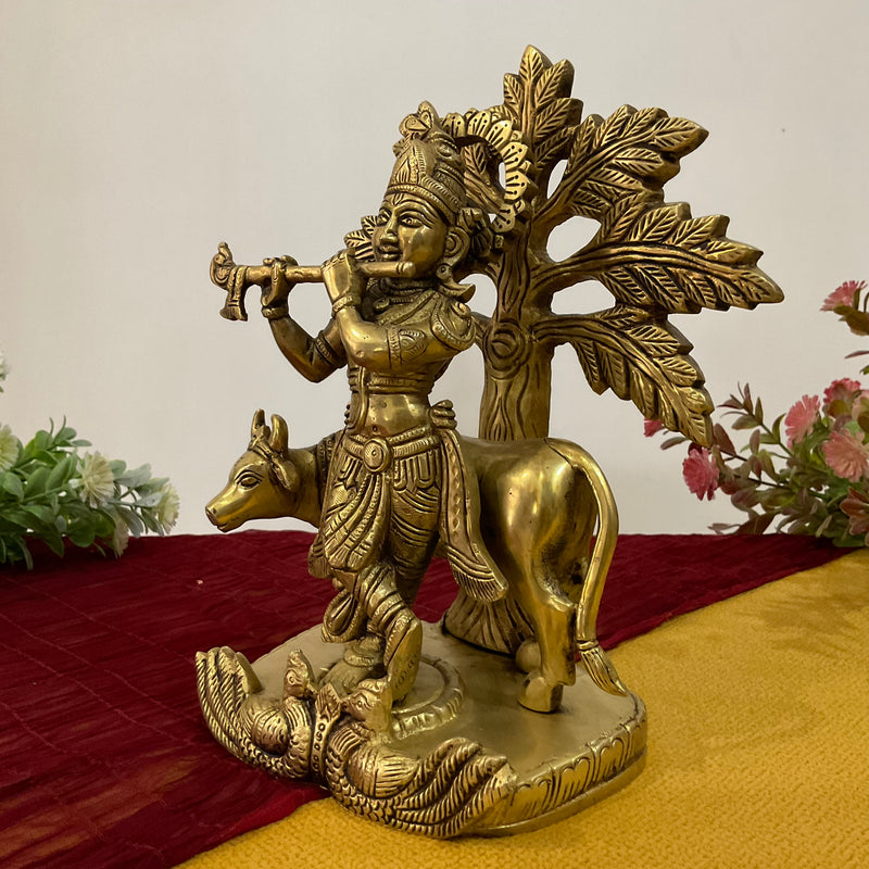 9 Inch Lord Krishna Cow Brass idol - Krishna Statue for Indian Decor - Crafts N Chisel - Indian Home Decor USA