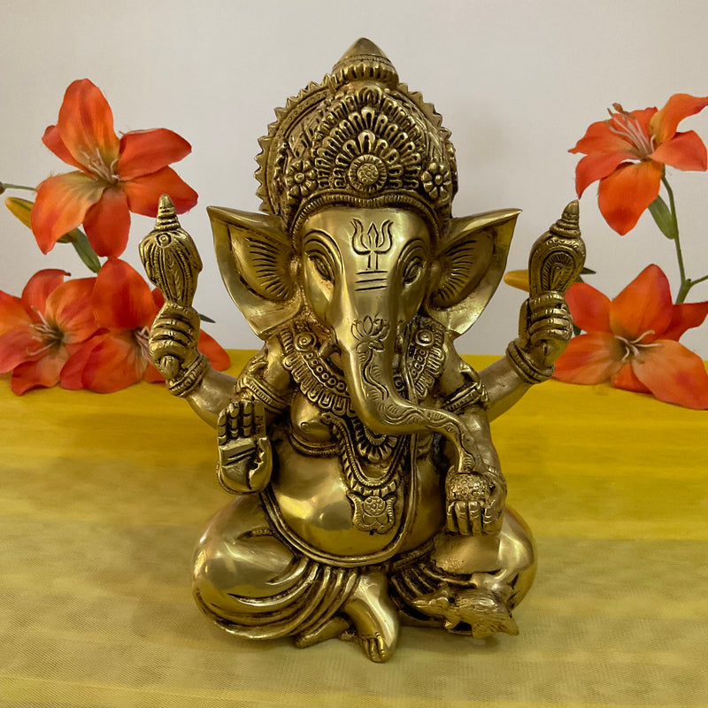 9 Inch Brass Ganesh Idol For Pooja - Home Decor Festive Statue - Crafts N Chisel - Indian Home Decor USA