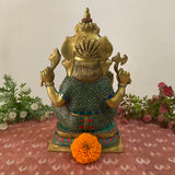 15 Inch Brass Ganesh Idol With Stonework - Ganpati Statue for Home, Housewarming Gift - Crafts N Chisel - Indian Home Decor USA