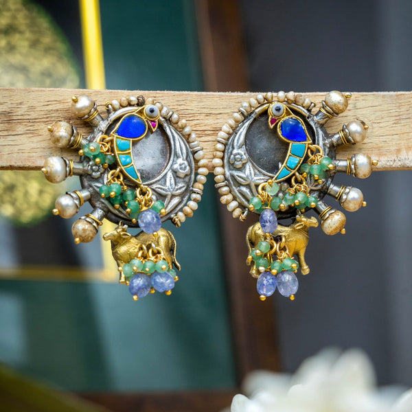 Heavenly Harmony Parrot Nandi Earrings - Crafts N Chisel - Indian Home Decor USA