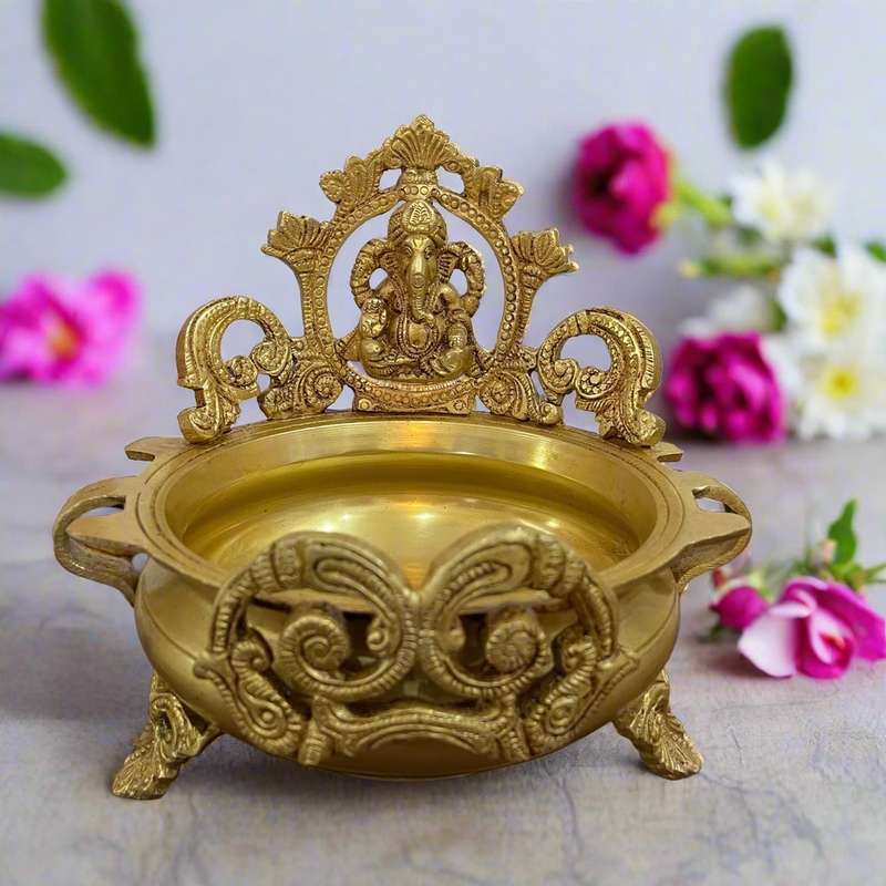 6 Inches Decorative Brass Urli With Lord Ganesha - Ganesha Urli Bowl For Festive Decor - Crafts N Chisel - Indian Home Decor USA