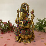 12 Inch Brass Ganesh Idol With Stonework For Home - Ganpati Pooja Statue - Crafts N Chisel - Indian Home Decor USA