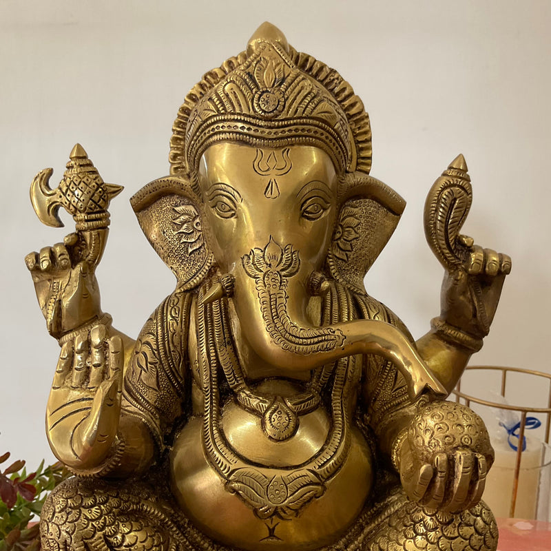 15 Inch Lord Ganesh Brass Idol - Ganpati Decorative Statue for Home Decor - Crafts N Chisel - Indian Home Decor USA