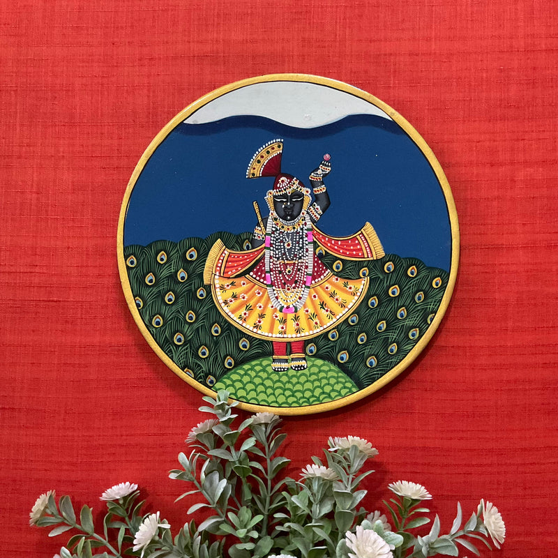 Krishna, Shrinathji Peacock Pichwai Wall Hanging - Decorative Round Plate - Crafts N Chisel - Indian Home Decor USA