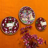 Radha Krishna Cow Pichwai Wall Hanging - Decorative Round Plate - Crafts N Chisel - Indian Home Decor USA