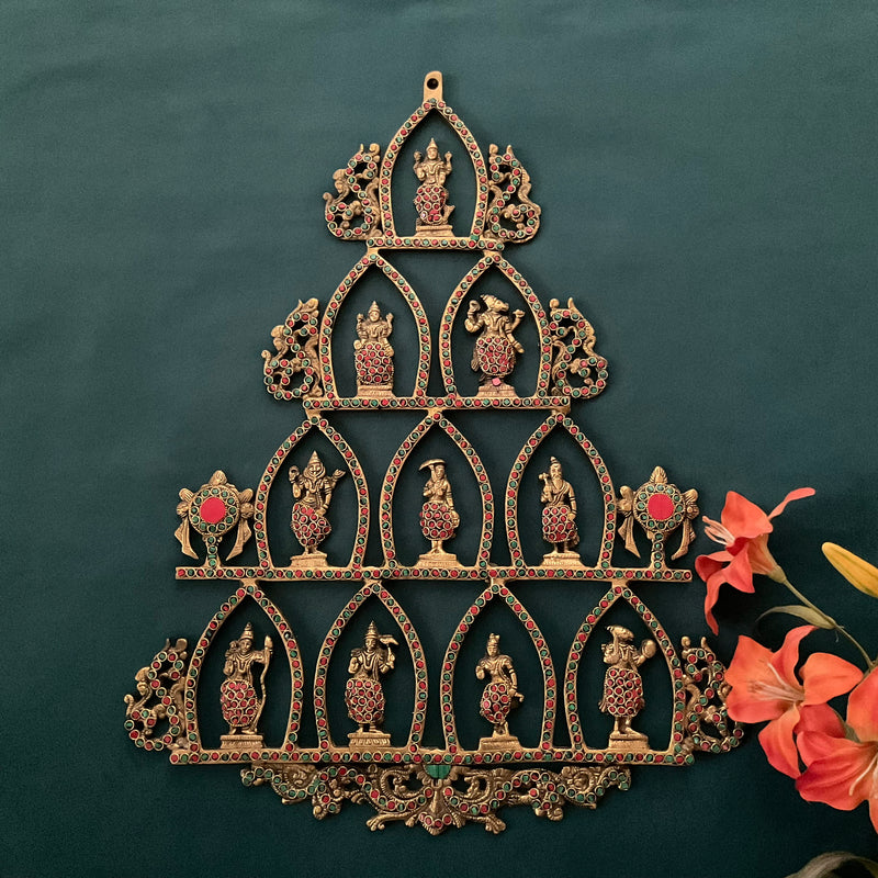 Lord Vishnu Dashavatar Brass Stonework Divine Wall Hanging - Crafts N Chisel - Indian Home Decor USA