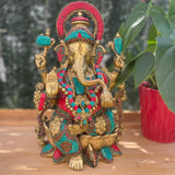 12 Inch Brass Ganesh Idol With Stonework For Home - Ganpati Pooja Statue - Crafts N Chisel - Indian Home Decor USA