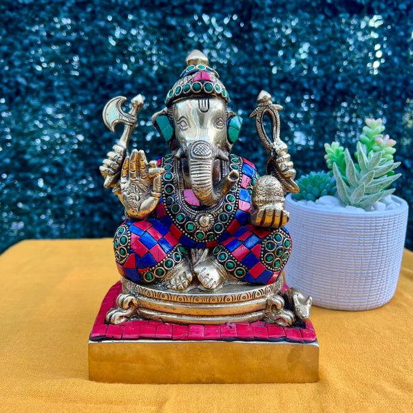 8 Inches Lord Ganesh Brass Idol - handcrafted Stonework - Ganpati Decorative Statue for Home Decor - Housewarming Gift - Crafts N Chisel - Indian Home Decor USA