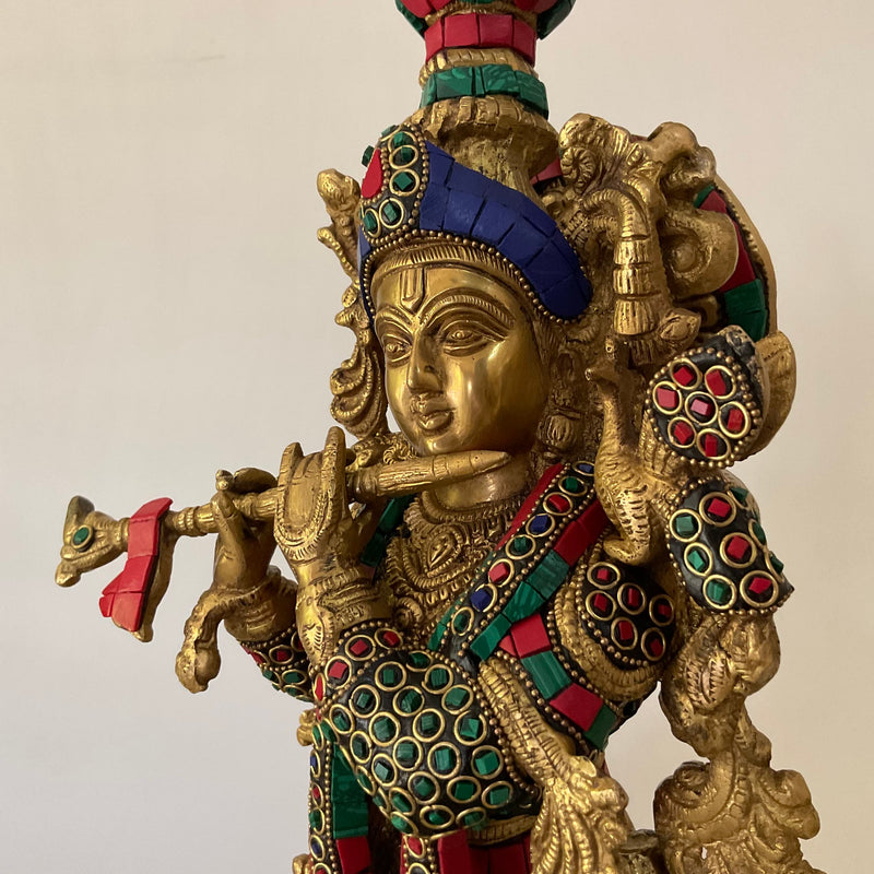 Krishna Statue Brass Stonework Idol, 20 Inches Krishna Murti For Pooja  Mandir