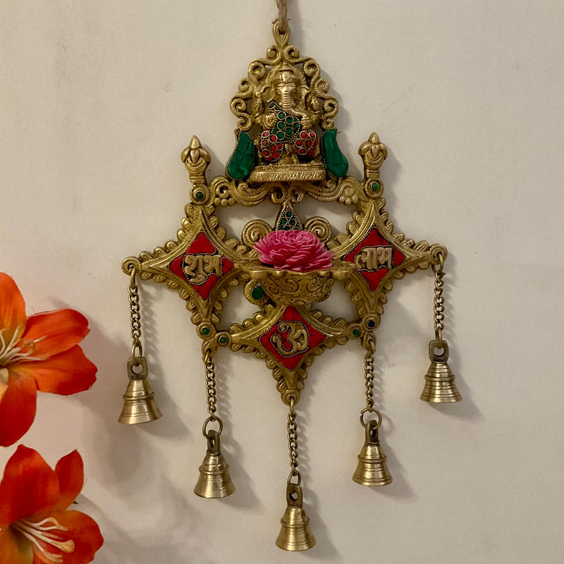 Shubh Labh Ganesha Wall Hanging Diya Bell - Brass Stonework Decor - Crafts N Chisel - Indian Home Decor USA