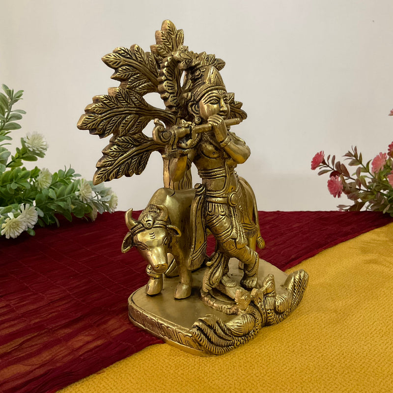 9 Inch Lord Krishna Cow Brass idol - Krishna Statue for Indian Decor - Crafts N Chisel - Indian Home Decor USA