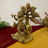 9 Inch Lord Krishna Cow Brass idol - Krishna Statue for Indian Decor - Crafts N Chisel - Indian Home Decor USA