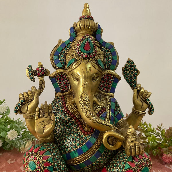 15 Inch Brass Ganesh Idol With Stonework - Ganpati Statue for Home, Housewarming Gift - Crafts N Chisel - Indian Home Decor USA