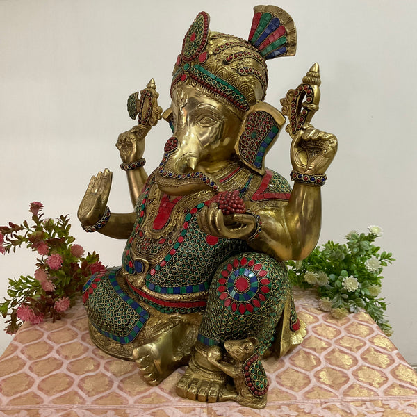 Big Ganesha Statue of Home Entrance Decor Idol - Brass Stonework Murti - Crafts N Chisel - Indian Home Decor USA