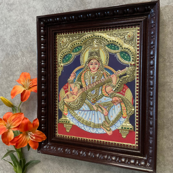 Goddess Saraswati 3D Tanjore Painting - Traditional Wall Art - Crafts N Chisel - Indian Home Decor USA