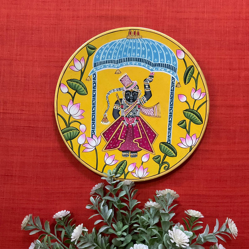 Radha Krishna, Shrinathji Cow Pichwai Wall Hanging - Decorative Round Plate - Crafts N Chisel - Indian Home Decor USA