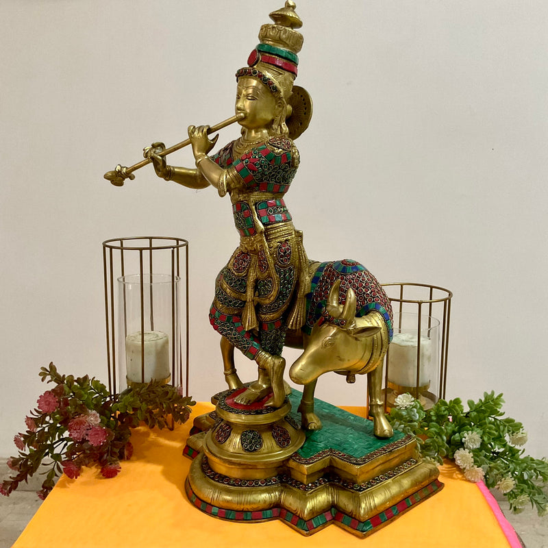 Lord Krishna Cow idol, 25 Inch Large Brass Stonework Statue for Home - Crafts N Chisel - Indian Home Decor USA