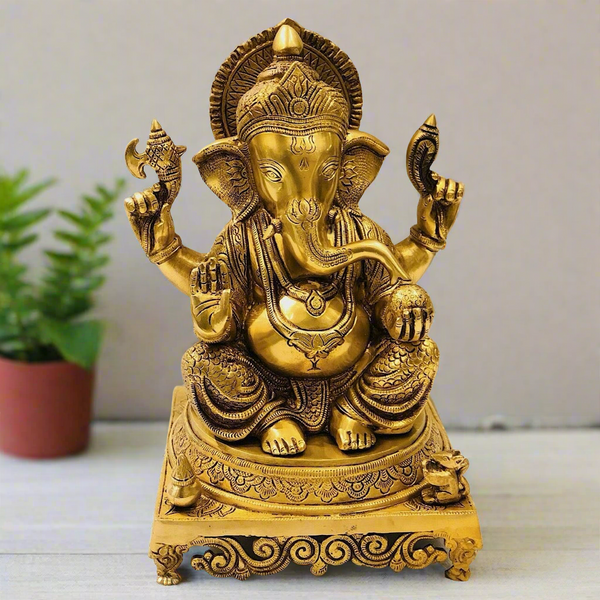 15 Inch Lord Ganesh Brass Idol - Ganpati Decorative Statue for Home Decor - Crafts N Chisel - Indian Home Decor USA