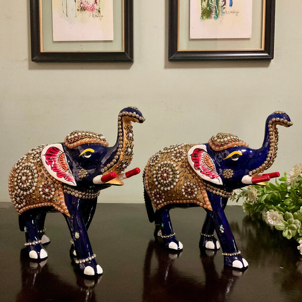 Handcrafted Decorative Metallic Elephant (Set of 2) - Meenakari Stonework - Animal Decor - Crafts N Chisel - Indian Home Decor USA