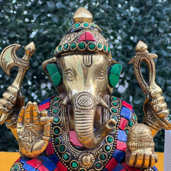 8 Inches Lord Ganesh Brass Idol - handcrafted Stonework - Ganpati Decorative Statue for Home Decor - Housewarming Gift - Crafts N Chisel - Indian Home Decor USA