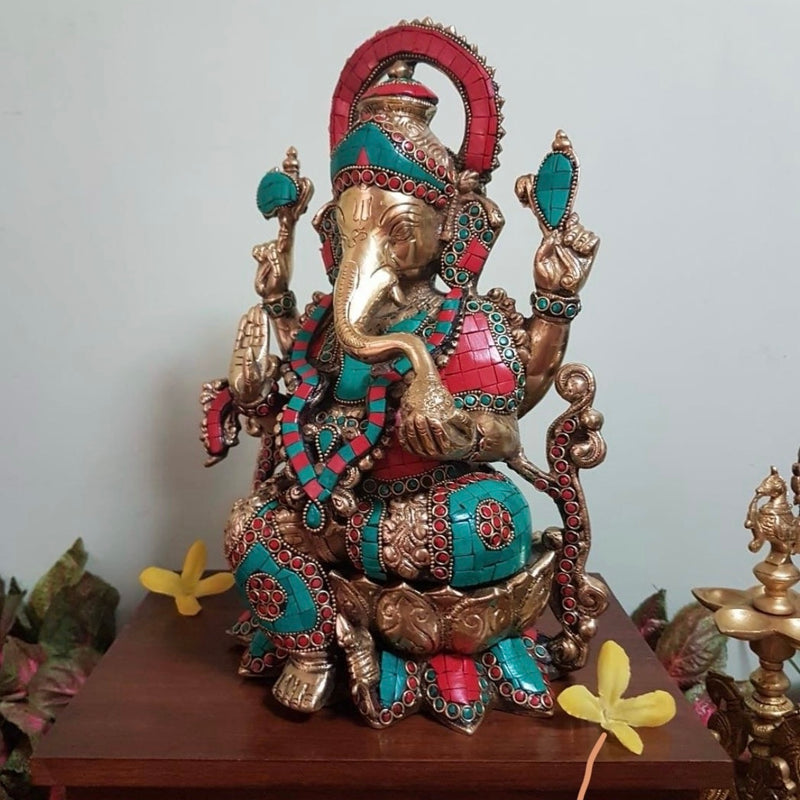 12 Inch Brass Ganesh Idol With Stonework For Home - Ganpati Pooja Statue - Crafts N Chisel - Indian Home Decor USA