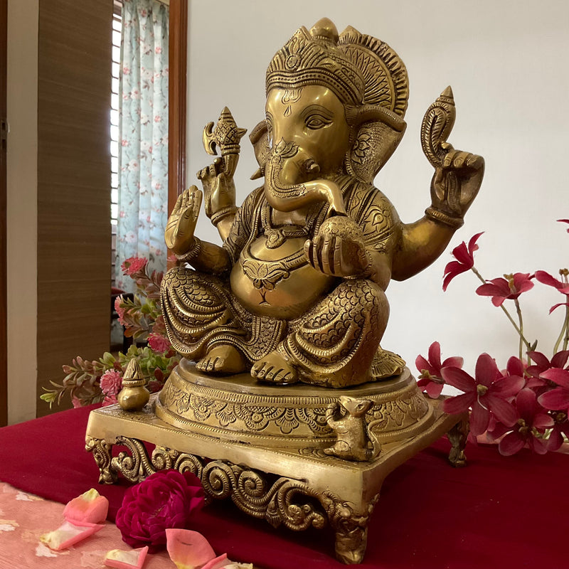 15 Inch Lord Ganesh Brass Idol - Ganpati Decorative Statue for Home Decor - Crafts N Chisel - Indian Home Decor USA