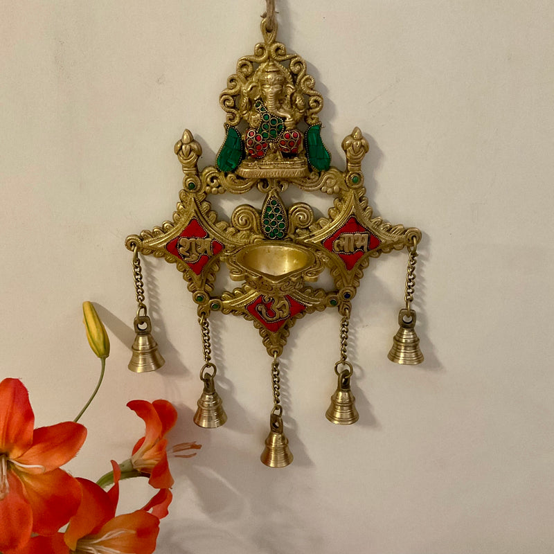 Shubh Labh Ganesha Wall Hanging Diya Bell - Brass Stonework Decor - Crafts N Chisel - Indian Home Decor USA