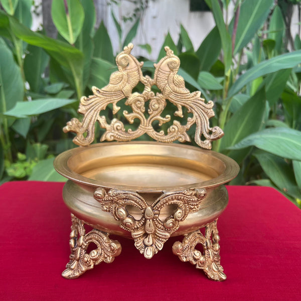 10 Inches Peacock Brass Urli Bowl For Home Decor - Antique Finish - Crafts N Chisel - Indian Home Decor USA