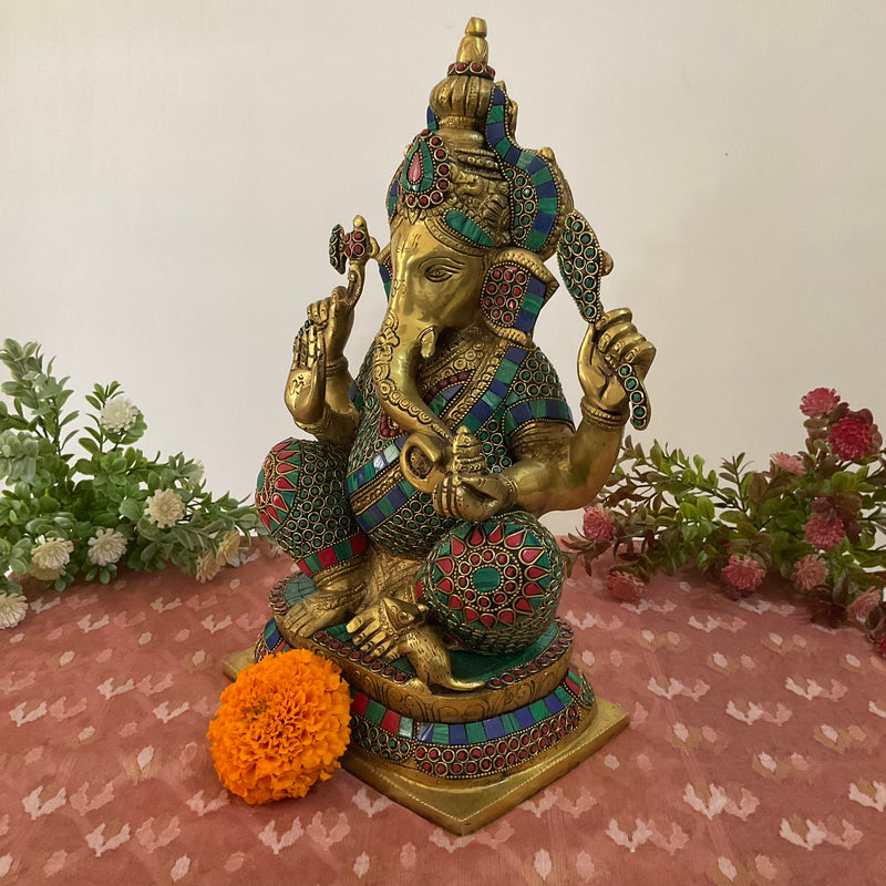 15 Inch Brass Ganesh Idol With Stonework - Ganpati Statue for Home, Housewarming Gift - Crafts N Chisel - Indian Home Decor USA