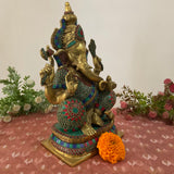 15 Inch Brass Ganesh Idol With Stonework - Ganpati Statue for Home, Housewarming Gift - Crafts N Chisel - Indian Home Decor USA