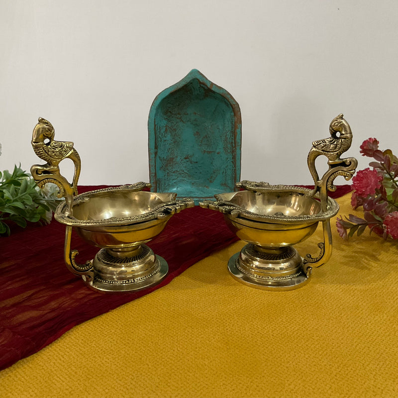 6 Inch Annapakshi Diya (Set of 2)- Handmade Brass lamp Pooja Decor - Crafts N Chisel - Indian Home Decor USA