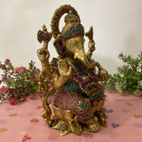 12 Inch Brass Ganesh Idol With Stonework For Home - Ganpati Pooja Statue - Crafts N Chisel - Indian Home Decor USA