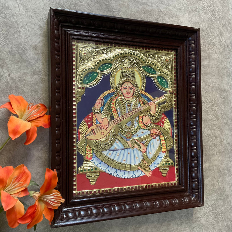 Goddess Saraswati 3D Tanjore Painting - Traditional Wall Art - Crafts N Chisel - Indian Home Decor USA