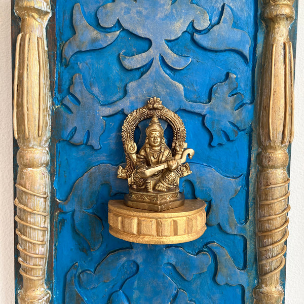 Brass Saraswati With Distressed Wooded Frame Wall Hanging - Decorative Wall decor - Crafts N Chisel - Indian Home Decor USA