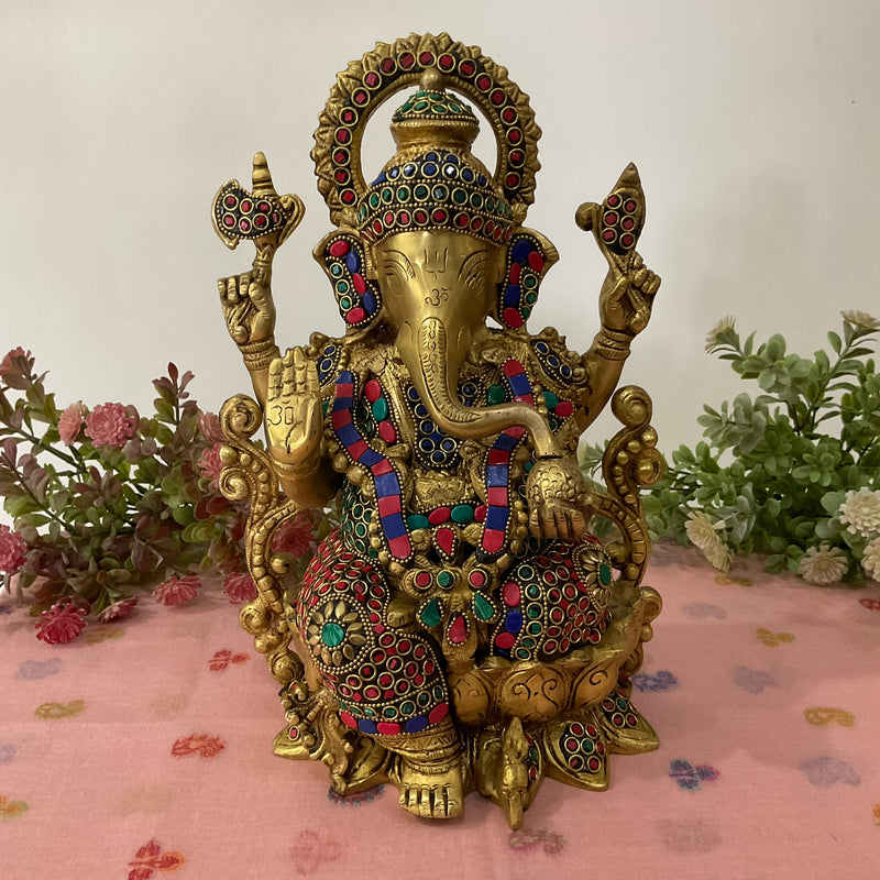 12 Inch Brass Ganesh Idol With Stonework For Home - Ganpati Pooja Statue - Crafts N Chisel - Indian Home Decor USA