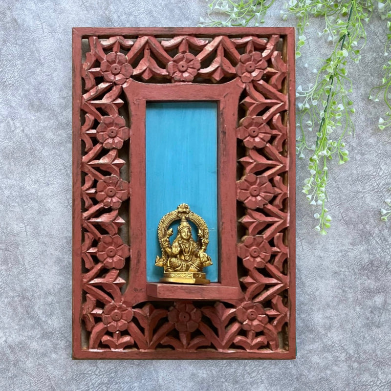 Lakshmi Idol Distressed Wooden Frame Wall Hanging - Decorative Wall Decor for Living Room - Crafts N Chisel - Indian Home Decor USA