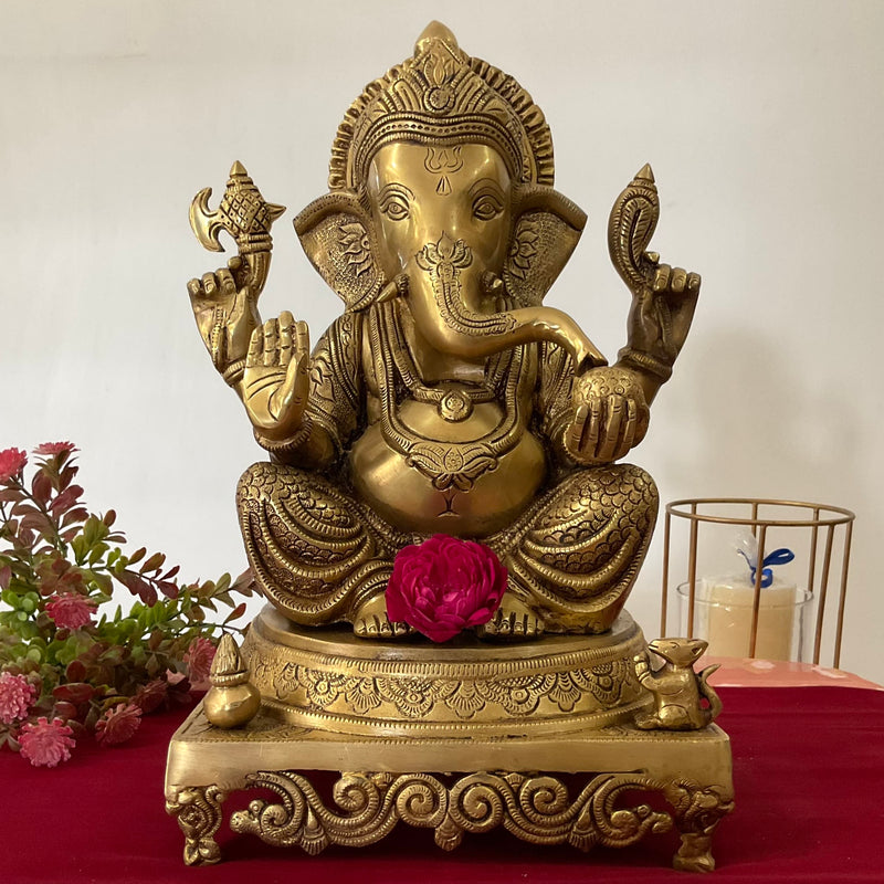 15 Inch Lord Ganesh Brass Idol - Ganpati Decorative Statue for Home Decor - Crafts N Chisel - Indian Home Decor USA