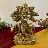 9 Inch Lord Krishna Cow Brass idol - Krishna Statue for Indian Decor - Crafts N Chisel - Indian Home Decor USA