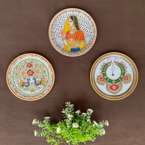 Rajasthani Meenakari Jewelry Painting (Set of 3) - Wall Hanging - Decorative Round Marble Plate - Crafts N Chisel - Indian Home Decor USA