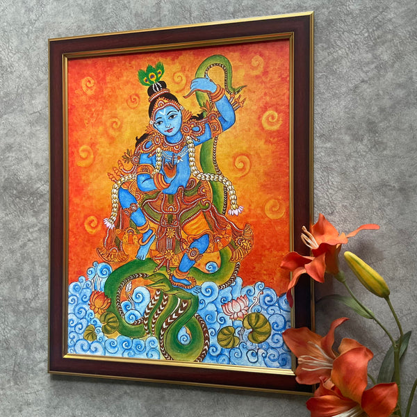 Lord Krishna Dancing On Snake Kerala Mural - Handpainted Wall Decor - Crafts N Chisel - Indian Home Decor USA