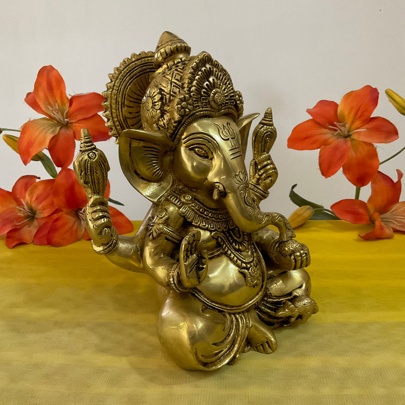 9 Inch Brass Ganesh Idol For Pooja - Home Decor Festive Statue - Crafts N Chisel - Indian Home Decor USA