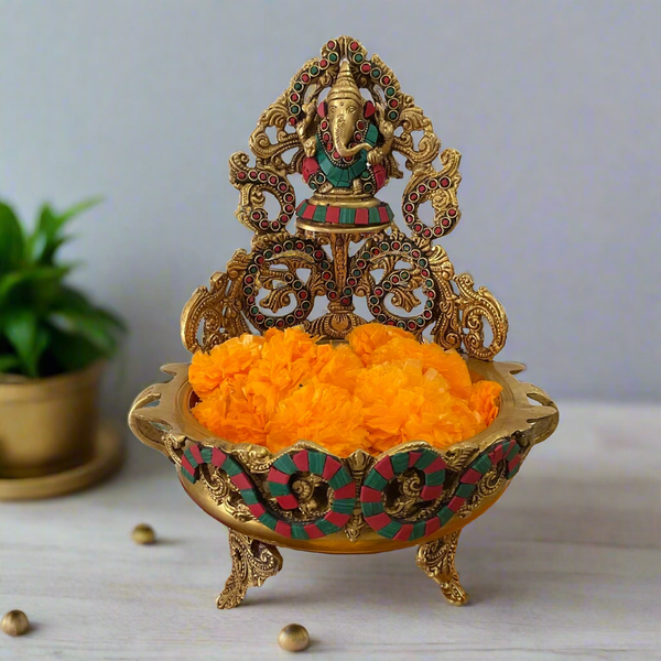12.5 Inches Urli With Lord Ganesha Brass Stonework - Ganpati Urli Bowl Festive Home Decor - Crafts N Chisel - Indian Home Decor USA