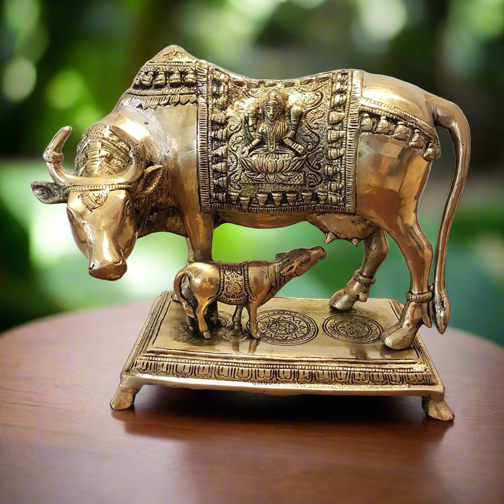 Kamadhenu Cow and Calf Set Brass Idol | Home Decor| Crafts N Chisel